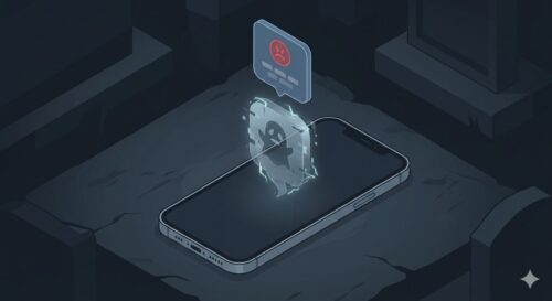 Isometric illustration of a smartphone lying flat like a tombstone, with a ghostly app icon rising from the screen and a crash dialog floating above it