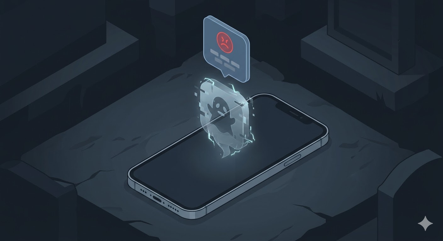 Isometric illustration of a smartphone lying flat like a tombstone, with a ghostly app icon rising from the screen and a crash dialog floating above it