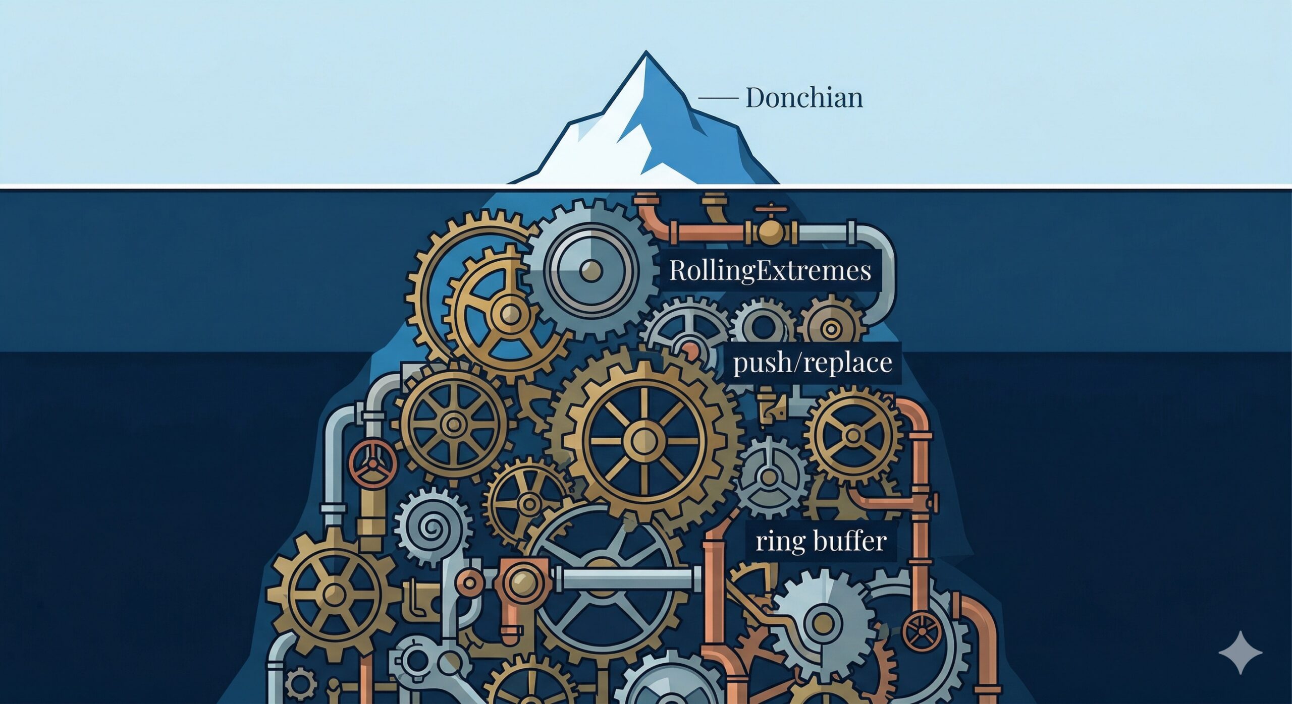 An iceberg illustration showing Donchian Channels as a small, clean surface above the waterline, with the complex RollingExtremes infrastructure, ring buffers, tracked extremes, and position counters, hidden beneath.
