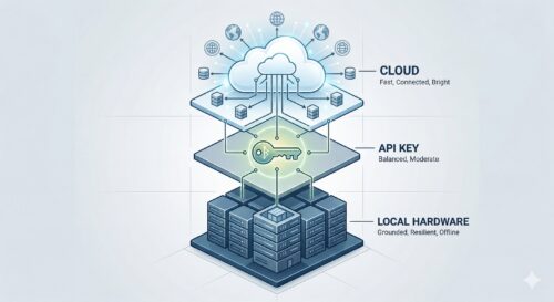 Three-tier stack diagram: cloud layer at top (fast, connected), API key layer in middle (balanced), local hardware at bottom (grounded, offline). Abstract architectural visualization