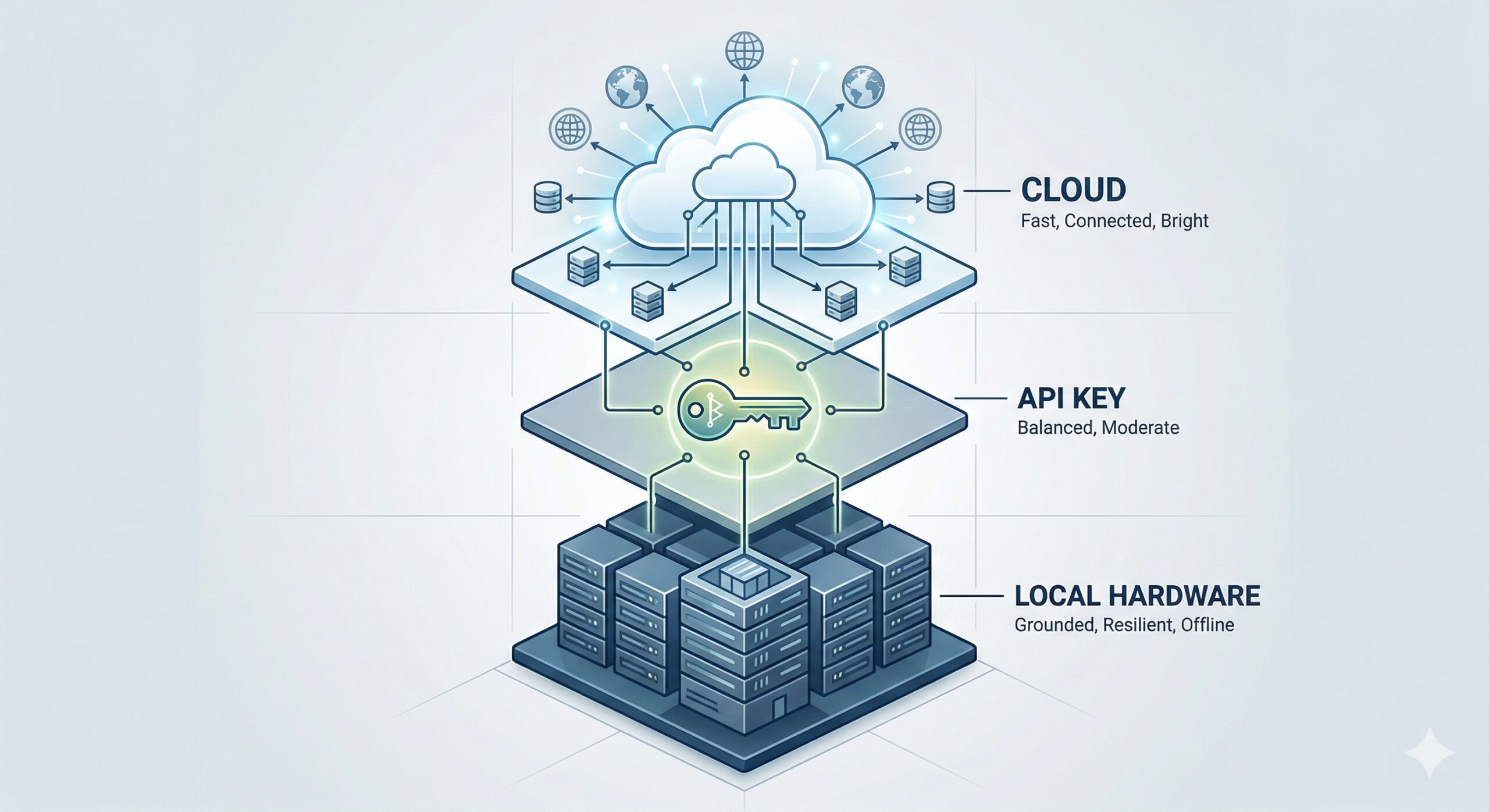 Three-tier stack diagram: cloud layer at top (fast, connected), API key layer in middle (balanced), local hardware at bottom (grounded, offline). Abstract architectural visualization