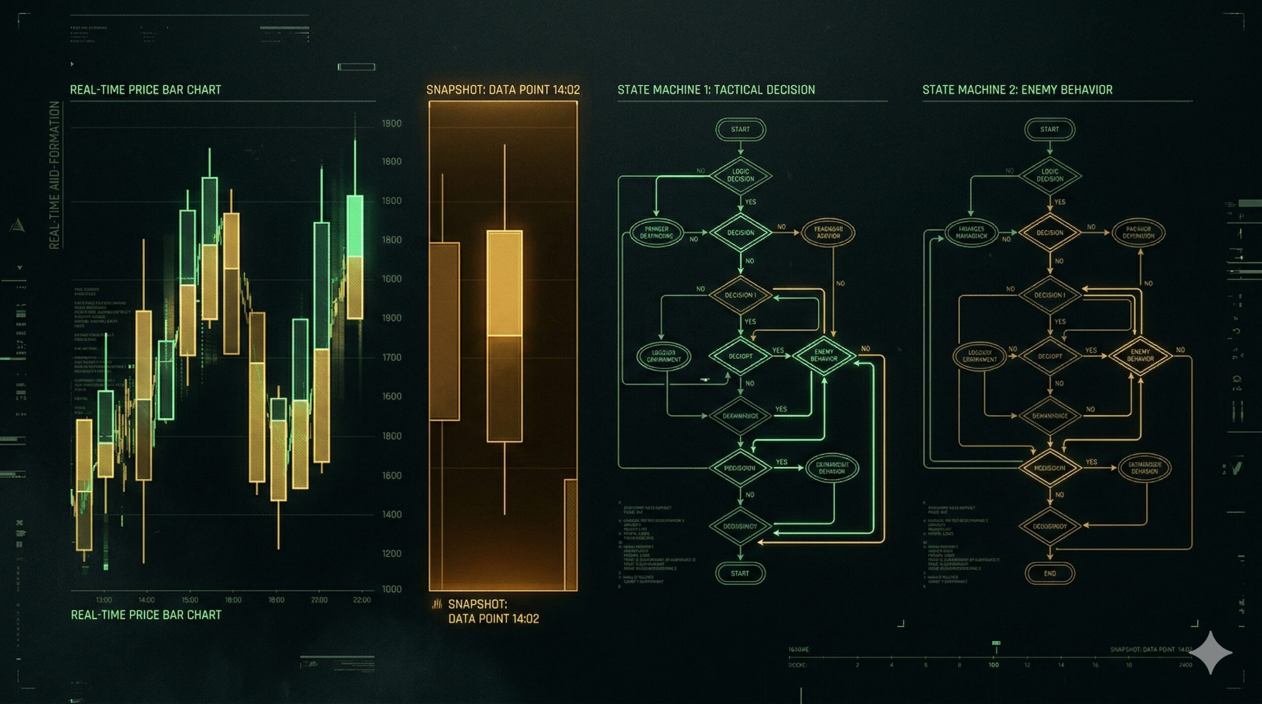 A real-time price bar mid-formation beside a frozen amber snapshot, two parallel state machines, dark background with neon green and gold accents