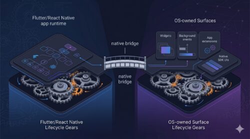 Simple bridge between a cross-platform app runtime and native platform surfaces, surrounded by misaligned lifecycle gears.