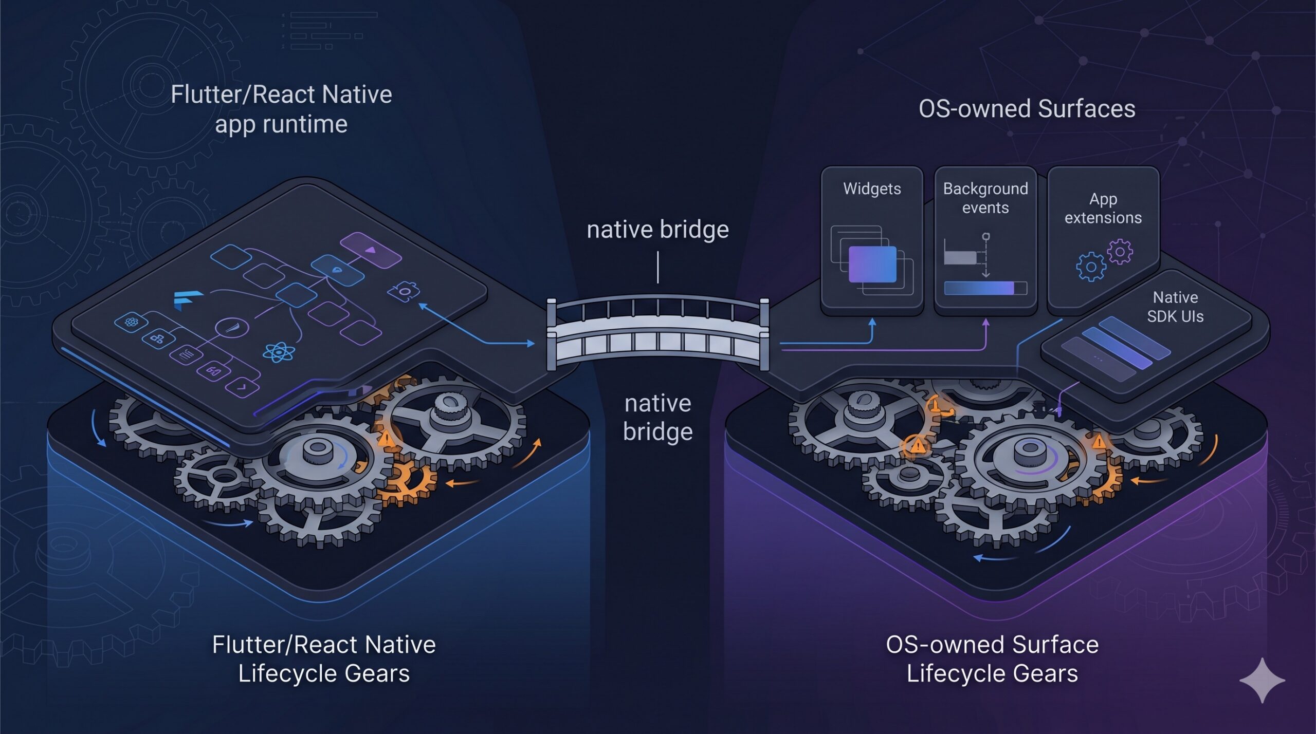 Simple bridge between a cross-platform app runtime and native platform surfaces, surrounded by misaligned lifecycle gears.